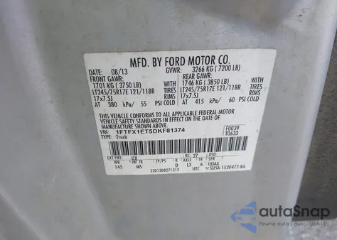 2013 Ford F-150 Xlt из США, поврежденный, VIN 1FTFX1ET5DKF81374